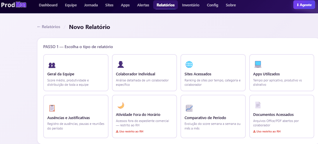 Tela de relatórios do ProdMon com resumo mensal de produtividade